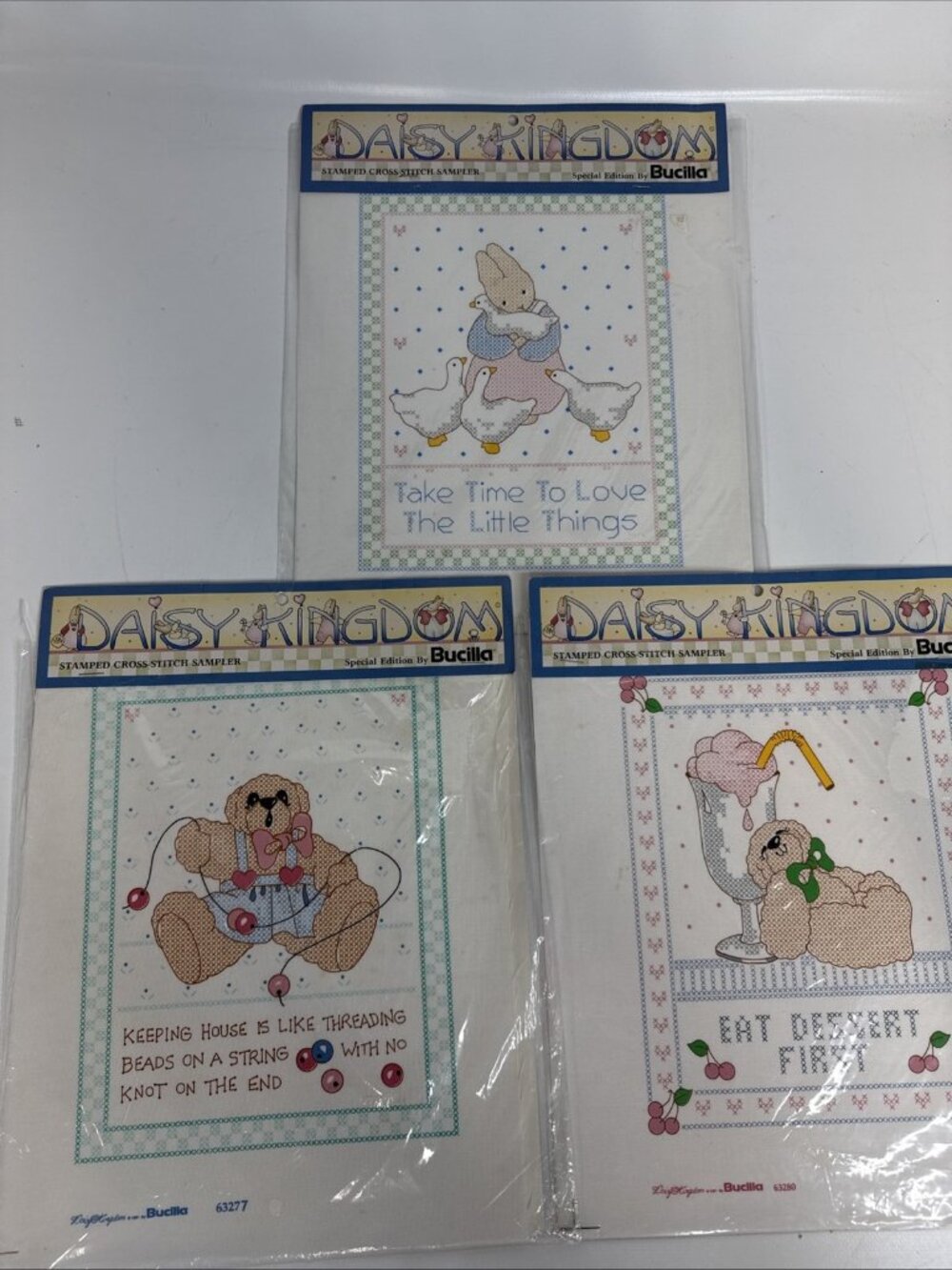 3 Bucilla Daisy Kingdom Stamped Cross Stitch Samplers Bears & Bunny